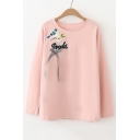 Floral Bird Letter Embroidery Patched Bow Design Round Neck Long Sleeve T-Shirt