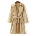 Notched Lapel Collar Long Sleeve Open Front Simple Plain Trench Coat with Waistband