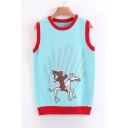 New Arrival Cartoon Printed Round Neck Sleeveless Knit Vest Sweater