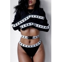 Letter X Pattern Long Sleeve Round Neck Sexy Cropped Pullover Sweatshirt