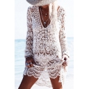 Sexy Lace Hollow Out Plunge Neck Long Sleeve Plain Outdoor Beach Cover Up Swimwear