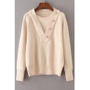 Button Detail Round Neck Long Sleeve Plain False Two Pieces Pullover Sweater