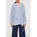 Fashion Striped Printed Long Sleeve V Neck Buttons Down Loose Shirt