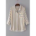 Classic Striped Pattern Notched Lapel Collar Long Sleeve Shirt with Single Pocket