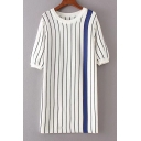 Striped Pattern Round Neck Half Sleeve Mini Shift Knit Dress
