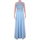 Fashion Sequined Patched Open Back Sleeveless Plain Maxi Evening Dress