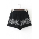Chic Floral Embroidery Elastic Tassel Drawstring Waist Culottes Loose Shorts
