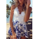 Chic Lace Inserted V Neck Crisscross Open Back Floral Print Rompers