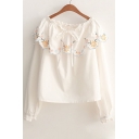 Leisure Embroidery Floral Ruffle Front Long Sleeve Boat Neck Blouse