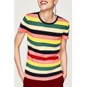 New Arrival Colorful Striped Printed Round Neck Short Sleeve Pullover Sweater