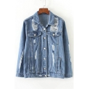 Street Style Fashion Ripped Out Lapel Collar Long Sleeve Single Breasted Denim Jacket
