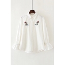 Chic Flared Cuff Long Sleeve Lapel Collar Floral Embroidered Buttons Down Shirt