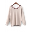 Double V Neck Long Sleeve Color Block Casual Loose Pullover Sweater