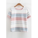 Summer's Color Block Striped Printed Short Sleeve Round Neck Pullover T-Shirt