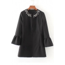 Women's Beaded Detail Round Neck Bell Long Sleeve Single Breasted Plain Tunic Coat