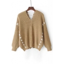 New Fashion Hollow Out Lace-Up Back V Neck Long Sleeve Plain Sweater