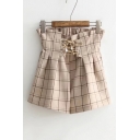 New Arrival High Waist Lace-Up Classic Plaids Pattern Loose Culottes Shorts