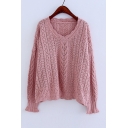 Basic Simple Plain Hollow Out V Neck Long Sleeve Pullover Sweater