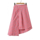 High Low Hem Zip Side Plaid Color Block Asymmetric Skirt