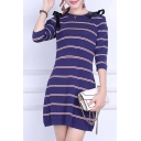 Tied Shoulder Round Neck Half Sleeve Striped Mini Knitted Dress