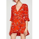Summer's Holiday Fashion Floral Pattern V Neck Half Sleeve Rompers
