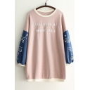 Chic Letter Pattern Color Block Long Sleeve Round Neck Loose Sweatshirt