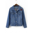 Fashion Floral Crane Embroidered Lapel Collar Long Sleeve Buttons Down Denim Jacket