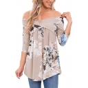 Sexy Off The Shoulder Floral Pattern 3/4 Sleeve Casual T-Shirt