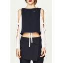 Fashion Fake Two-Piece Hollow Out Long Sleeve Color Block Cropped Blouse