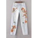 Fashion Embroidery Floral Pattern Cutout High Waist Jeans
