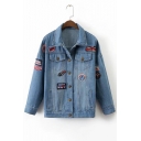 New Arrival Fashion Badge Patched Lapel Collar Long Sleeve Denim Jacket