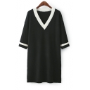 3/4 Sleeve V Neck Fashion Color Block Split Side Mini Shift Knit Dress