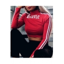Simple Letter Pattern High Neck Long Sleeve Sports Cropped T-Shirt