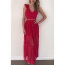 Sexy Plunge Neck Sleeveless Chic Lace Hollow Out Maxi Plain Dress