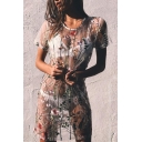 New Trendy Chic Floral Embroidered Round Neck Short Sleeve Sexy Sheer Mesh Cover Up Swimwear