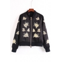 Chic Sequined Stars Pattern Stand-Up Collar Long Sleeve Zip Up Baseball Jacket