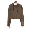 Lace-Up Cuffs Long Sleeve Drawstring Hooded Plain Cropped Hoodie