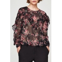 New Trendy Fashion Floral Printed Round Neck Long Sleeve Ruffle Hem Sheer Blouse
