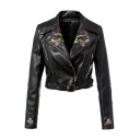 Cool Embroidery Floral Notched Lapel Long Sleeve Zip Fly Cropped PU Biker Jacket