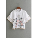Wave Floral Embroidered Round Neck Short Sleeve Buttons Down Back Pullover Blouse