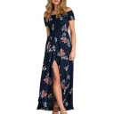 Holiday Summer's Floral Print Off The Shoulder Short Sleeve Slit Front Maxi Beach Dress