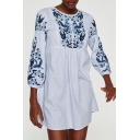 Chic Floral Embroidered Striped Pattern Round Neck Long Sleeve Mini Smock Dress