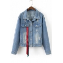 Chic Floral Embroidered Back Fashion Ribbons Embellished Buttons Down Denim Jacket