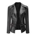 New Collection Notched Lapel Collar Plain Slim Zip Up Long Sleeve Biker Jacket