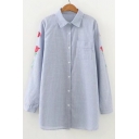 Tunic Embroidery Floral Long Sleeve Single Breasted Lapel Striped Shirt