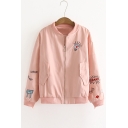 Cartoon Bulb Letter Embroidered Long Sleeve Zip Up Leisure Jacket
