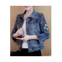 Chic Floral Embroidered Long Sleeve Lapel Collar Buttons Down Denim Jacket