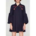 Fashion Puff Sleeve Chic Floral Embroidered Lapel Collar Buttons Down Mini Shirt Dress