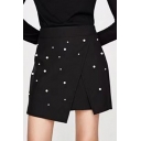 Chic Pearl Embellished Fashion Mini A-Line Asymmetrical Skirt