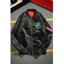 New Arrival Chic Letter Leaves Pattern Stand-Up Collar Zip Up Bomber Jacket